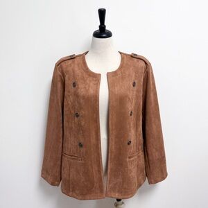 T Tahari Walnut Tan Brown Faux Suede Leather Open Front Double Breast Jacket 3X